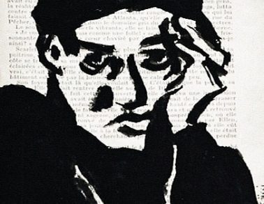 Autoportrait au pinceau, acrylique sur page de livre, 1999