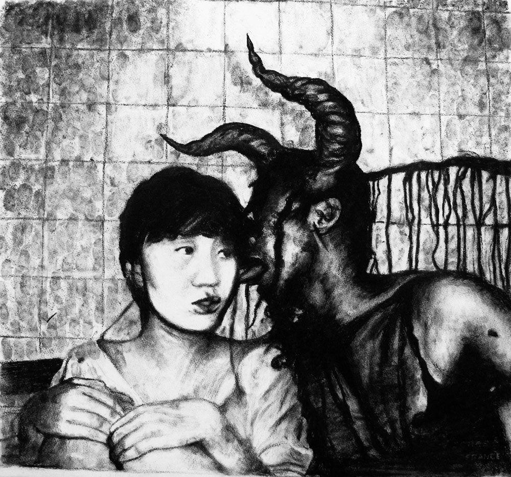 Girl and devil, fusain