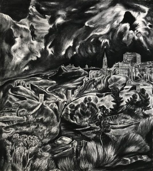 "Vue de Tolède", d'après Le Greco, fusain sur Arches, 96x93cm, 2019