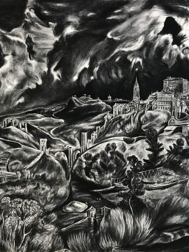 "Vue de Tolède", d'après Le Greco, fusain sur Arches, 96x93cm, 2019
