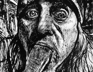 Le gars mange du pain rassis, encre de chine sur page de livre, 2020