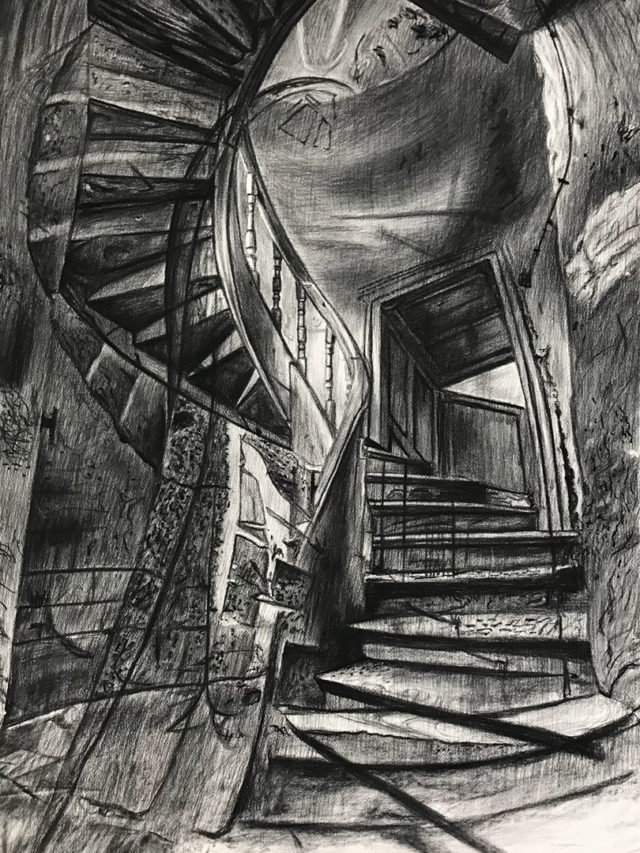 Stairway to ? , fusain sur Arches, 160x107cm, 2021