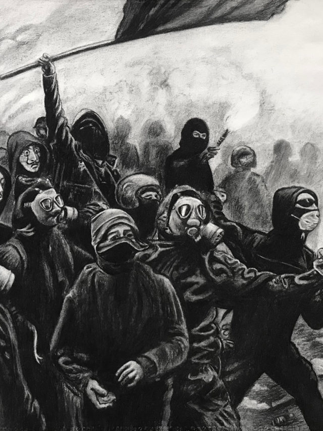 Black bloc, fusain sur Canson, 75x110cm, 2022