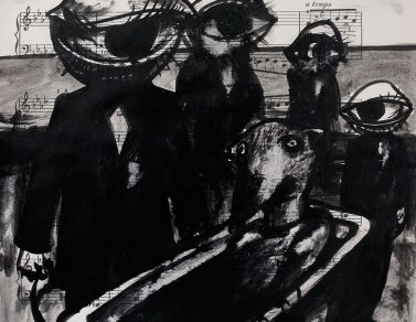 Le rat et les guetteurs, encre de chine sur partition, 22x30cm, 2017