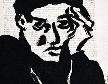 Autoportrait au pinceau, acrylique sur page de livre, 1999