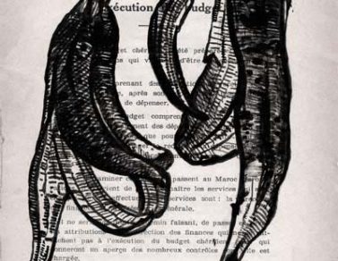 2 peaux de banane, encre de chine sur page de livre, 2012