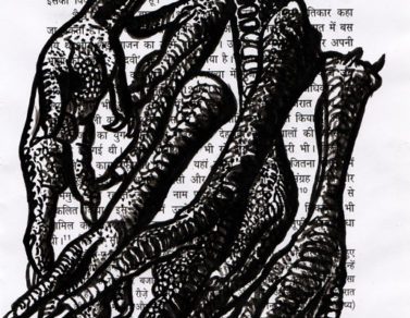 6 pattes de poulet, encre de chine sur page de livre, 2014