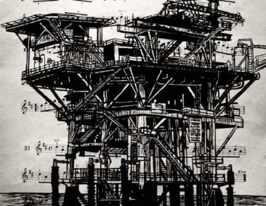 Plateforme pétrolière, encre de chine sur partition, 30x22cm, 2013