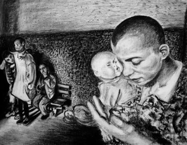 Patients d'asile Serbe, fusain sur Arches, 85x70cm, 2016
