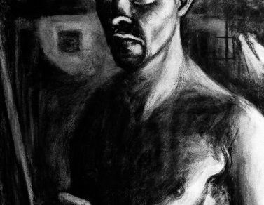 Autoportrait aux chauves-souris, fusain sur Arches, 60x75cm, 2016