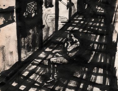 Le couloir, encre de chine sur page de livre, 2016