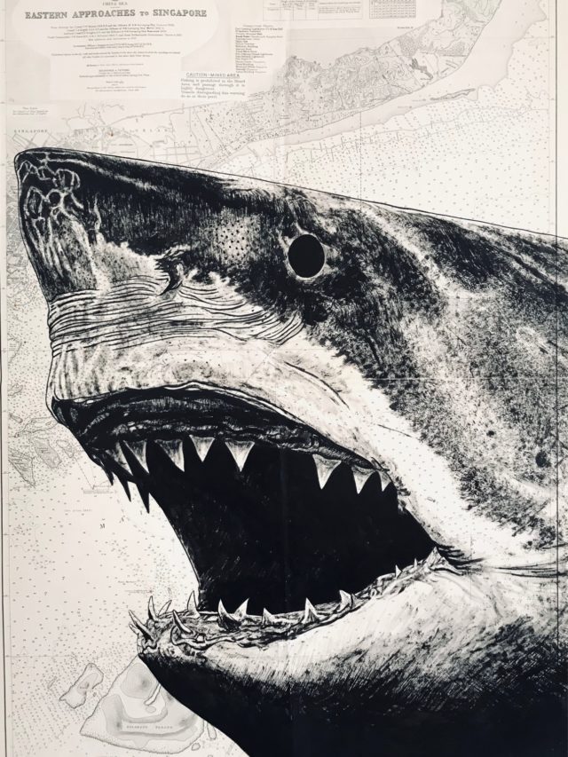 Shark, encre de chine sur carte maritime, 110x70cm, 2022