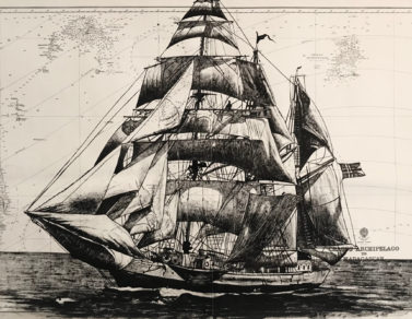 Regina Mary, encre de chine sur carte maritime, 110x72cm, 2022