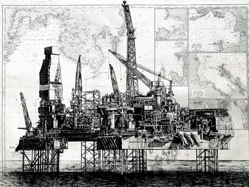 Plateforme pétrolière, encre de chine sur carte maritime, 2023