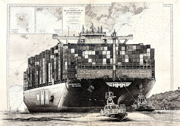 Cargo, encre de chine sur cartes marines