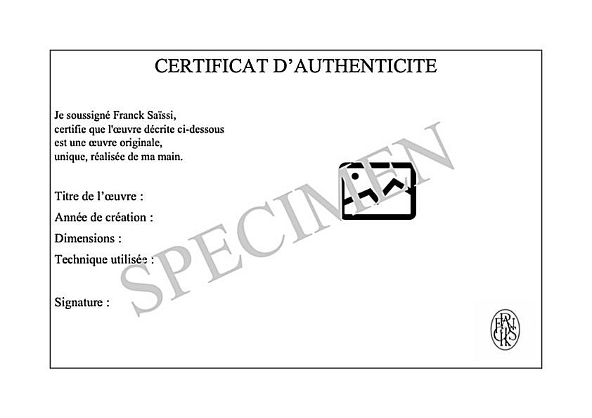 Spécimen de certificat d'authenticité, page certificats, site de Franck Saïssi, peintre et dessinateur contemporain