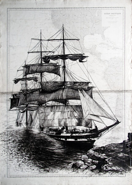 Le Cromdale échoué, encre de chine sur carte marine