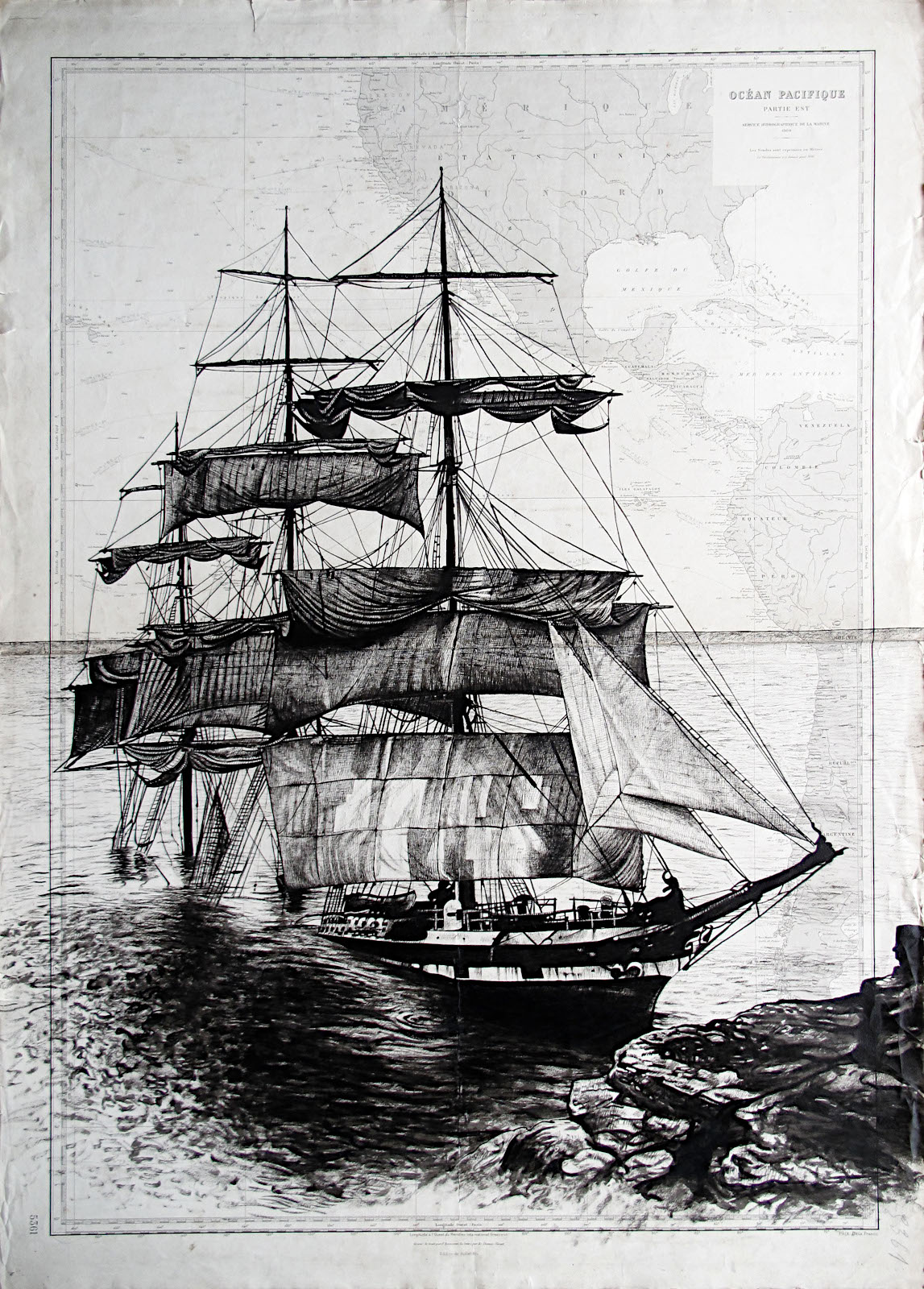 Le Cromdale échoué, encre de chine sur carte marine