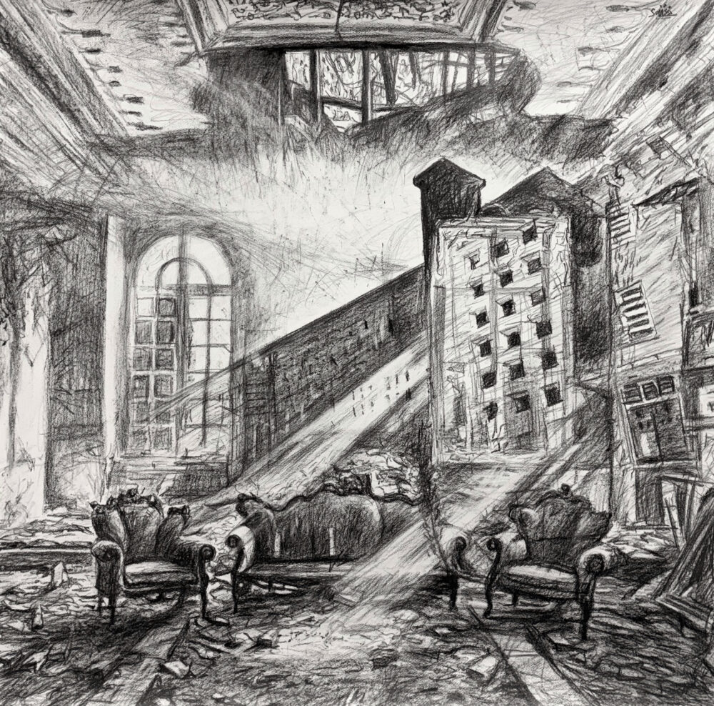 Décombres, graphite, crayon et fusain sur Arches