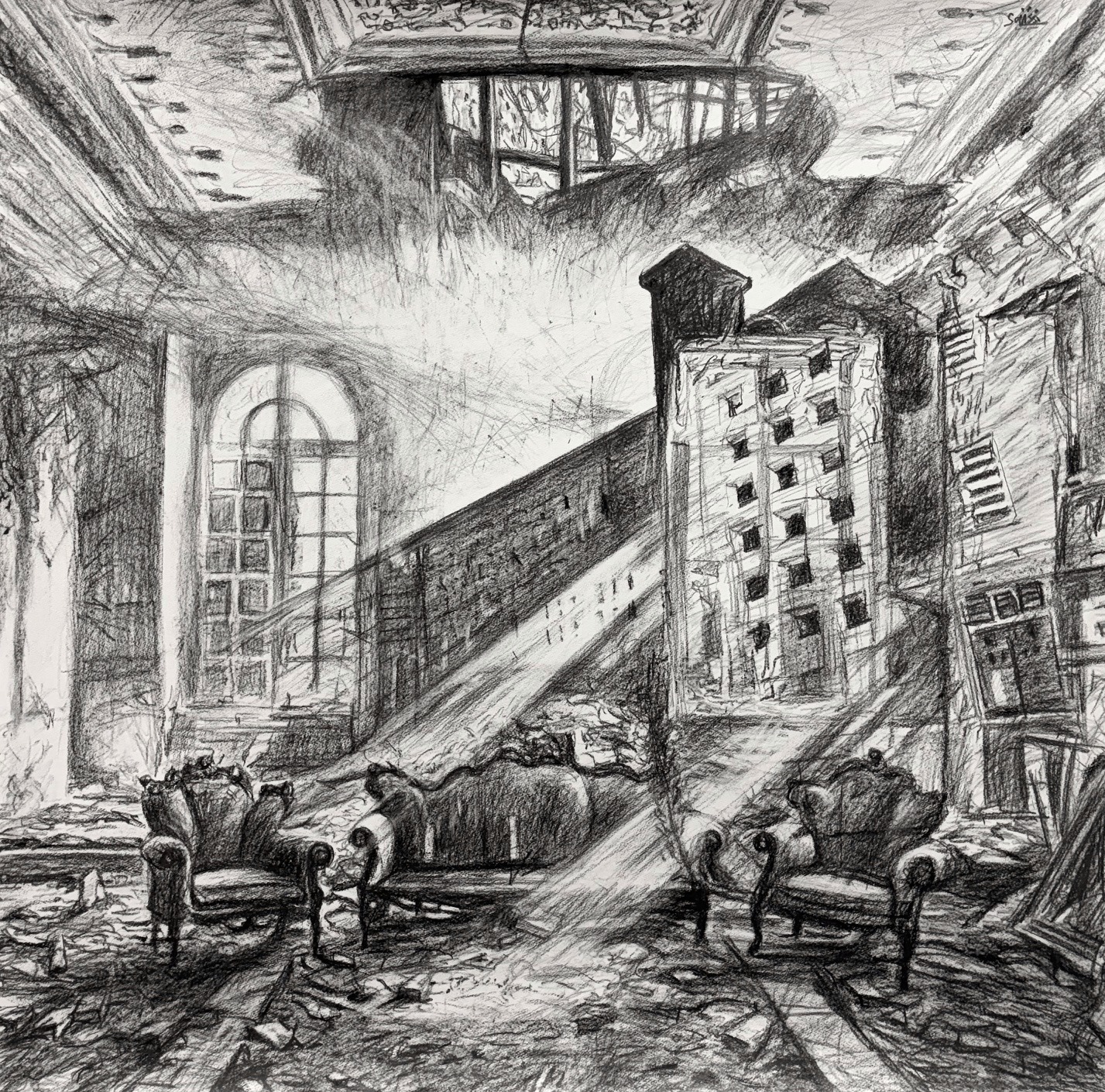 Décombres, graphite, crayon et fusain sur Arches
