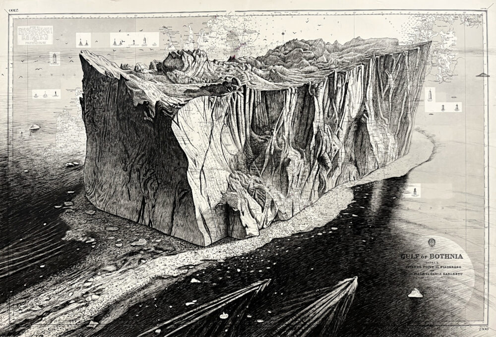 Iceberg, encre de chine sur carte marine