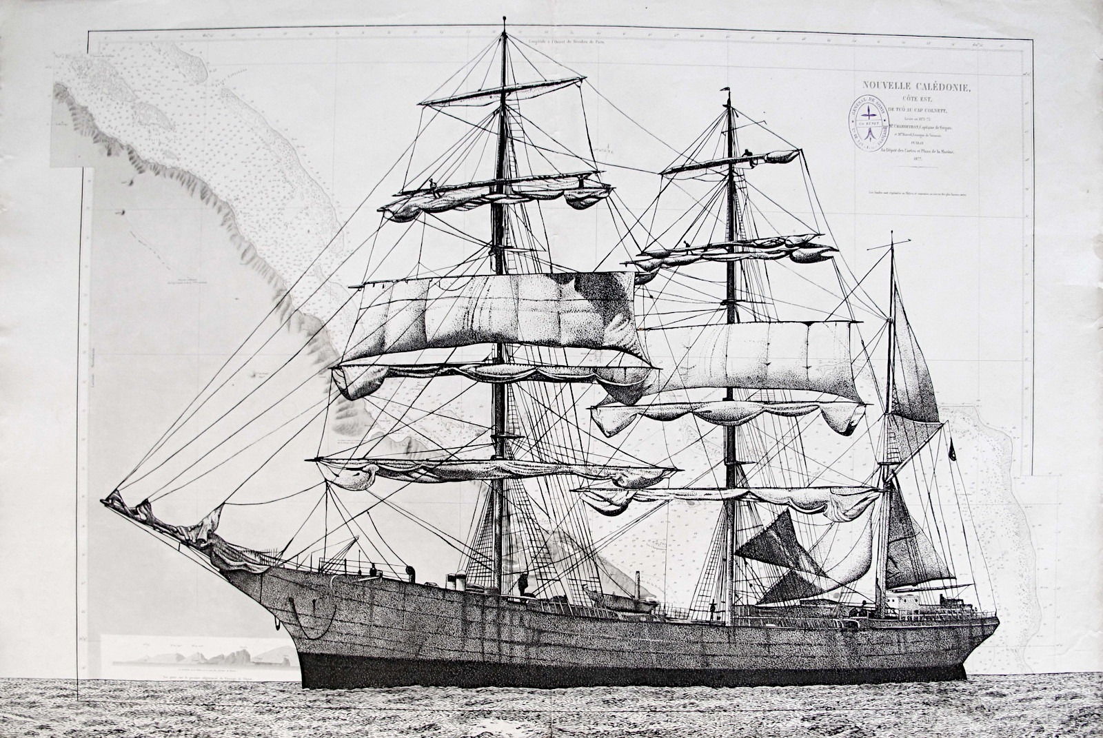 Le Général de Sonis, encre de chine sur carte marine