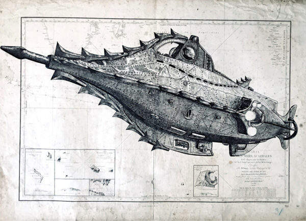 Le Nautilus, encre de chine sur cartes marines