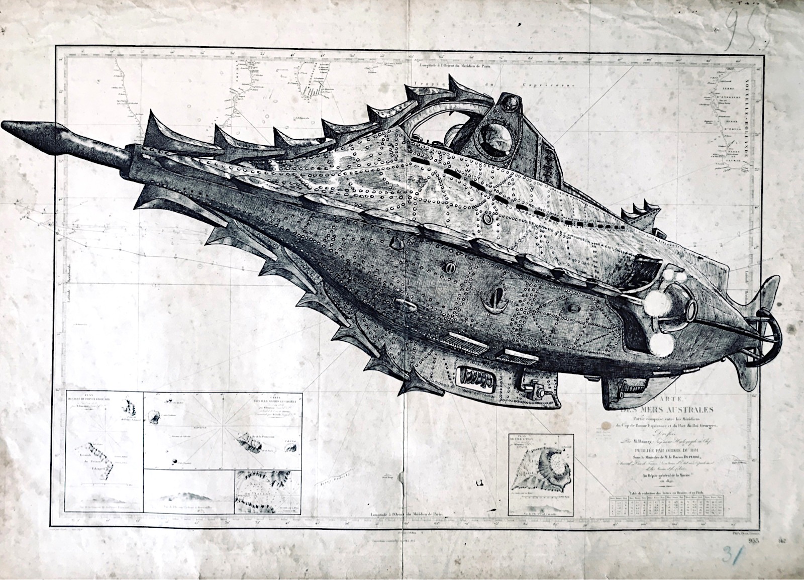 Le Nautilus, encre de chine sur cartes marines