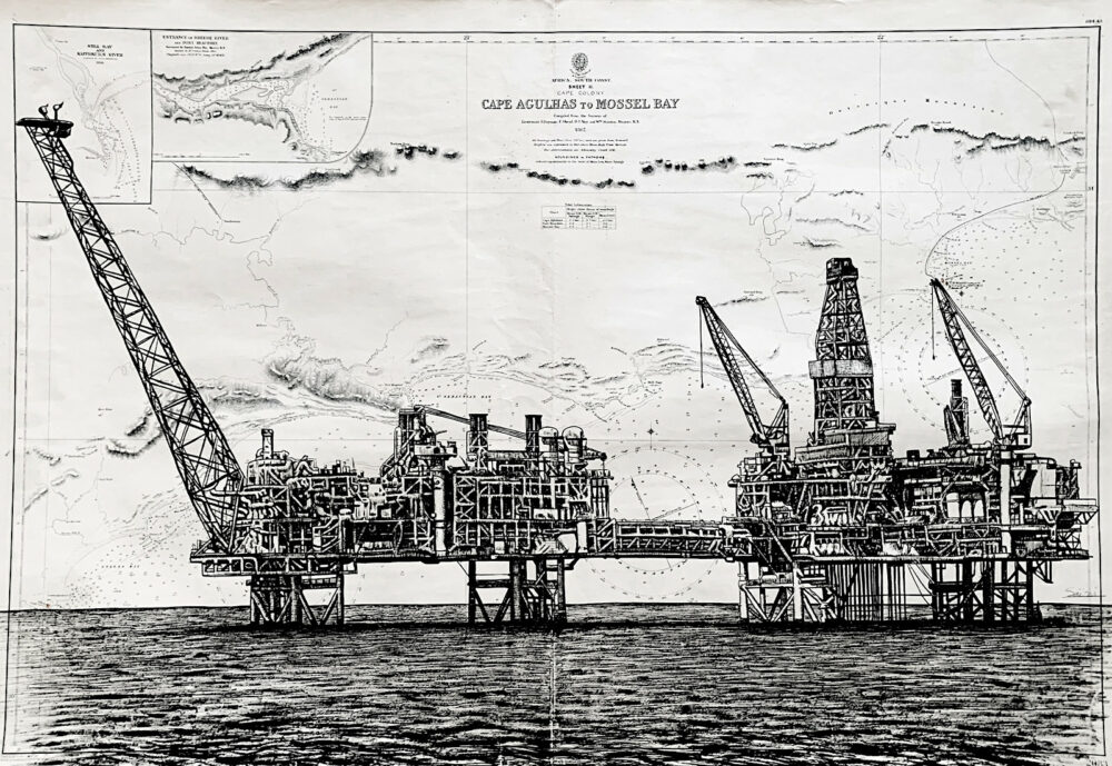 Plateforme offshore, encre de chine sur cartes marines