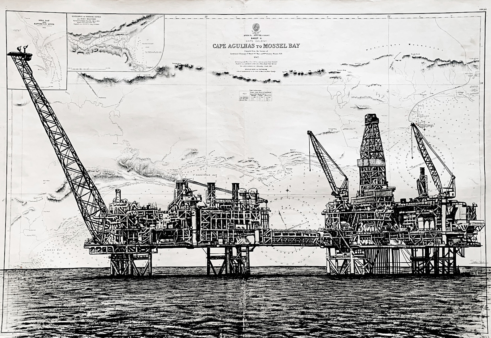 Plateforme offshore, encre de chine sur cartes marines