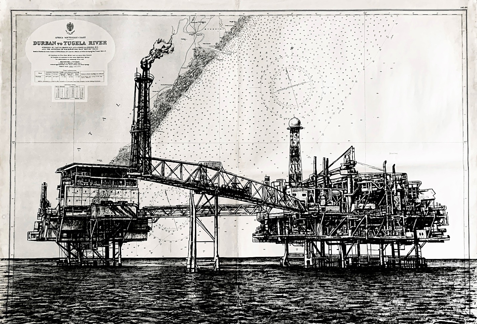 Offshore, encre de chine sur cartes marines