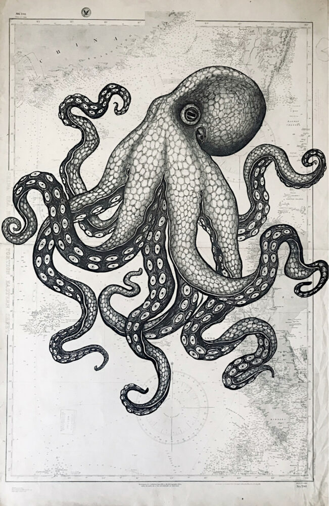 La pieuvre, encre de chine sur cartes marines