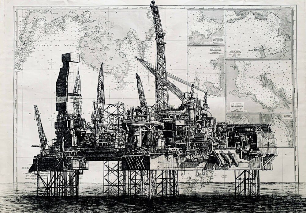 Plateforme pétrolière, encre de chine sur cartes maritimes