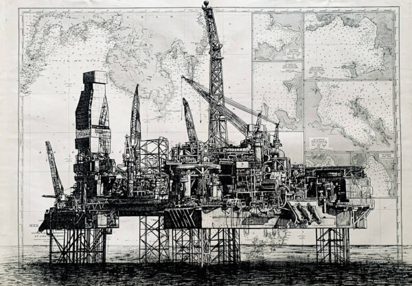Plateforme pétrolière, encre de chine sur cartes maritimes