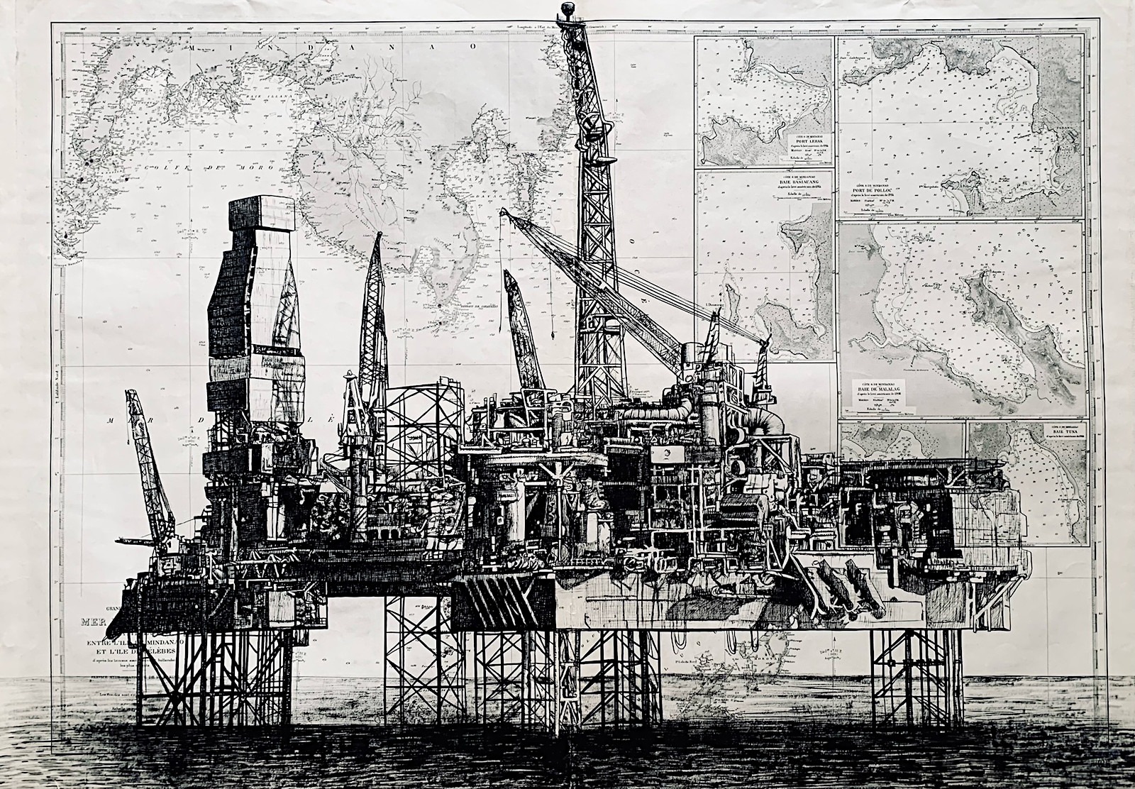 Plateforme pétrolière, encre de chine sur cartes maritimes