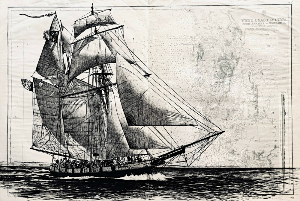 La Recouvrance, encre de chine sur carte marine