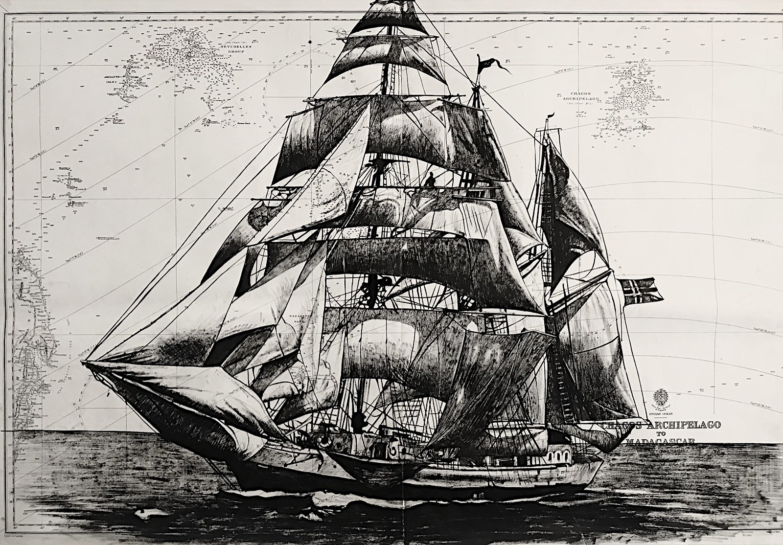 Regina Maris, encre de chine sur cartes marines
