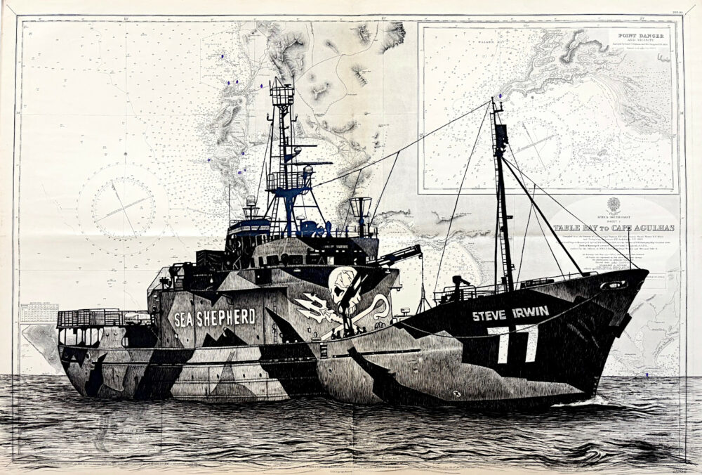 Le Steve Irwin, encre de chine sur cartes marines
