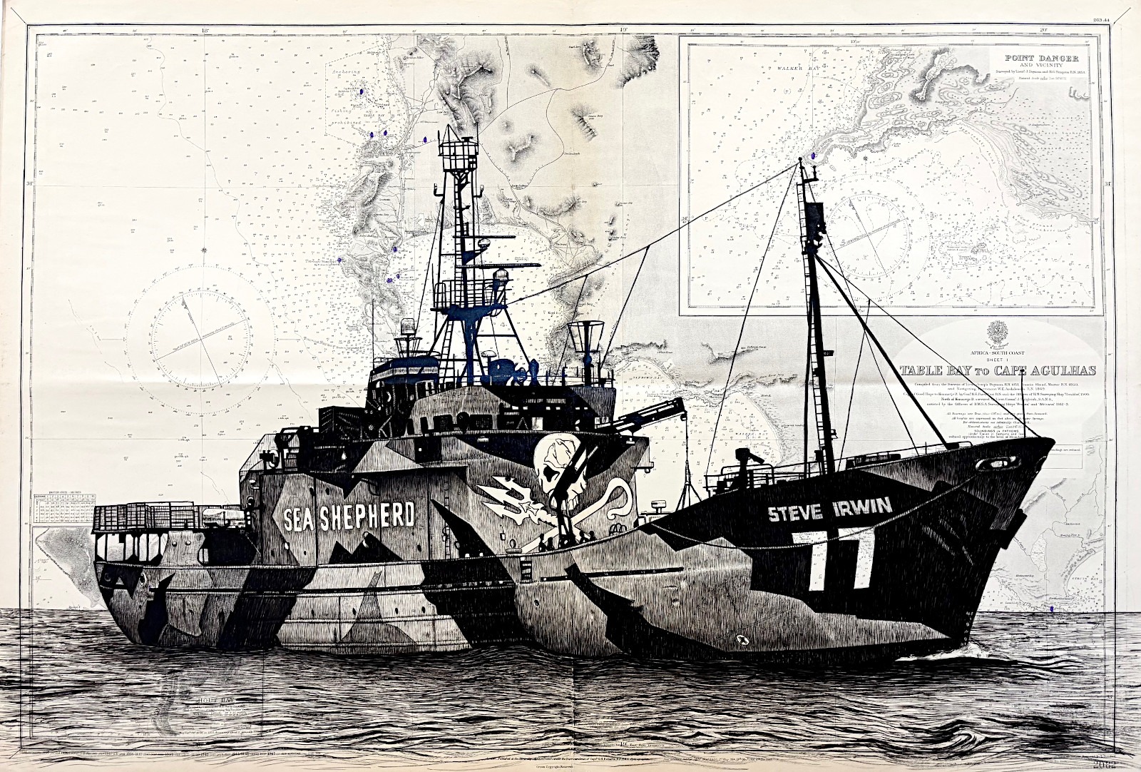 Le Steve Irwin, encre de chine sur cartes marines