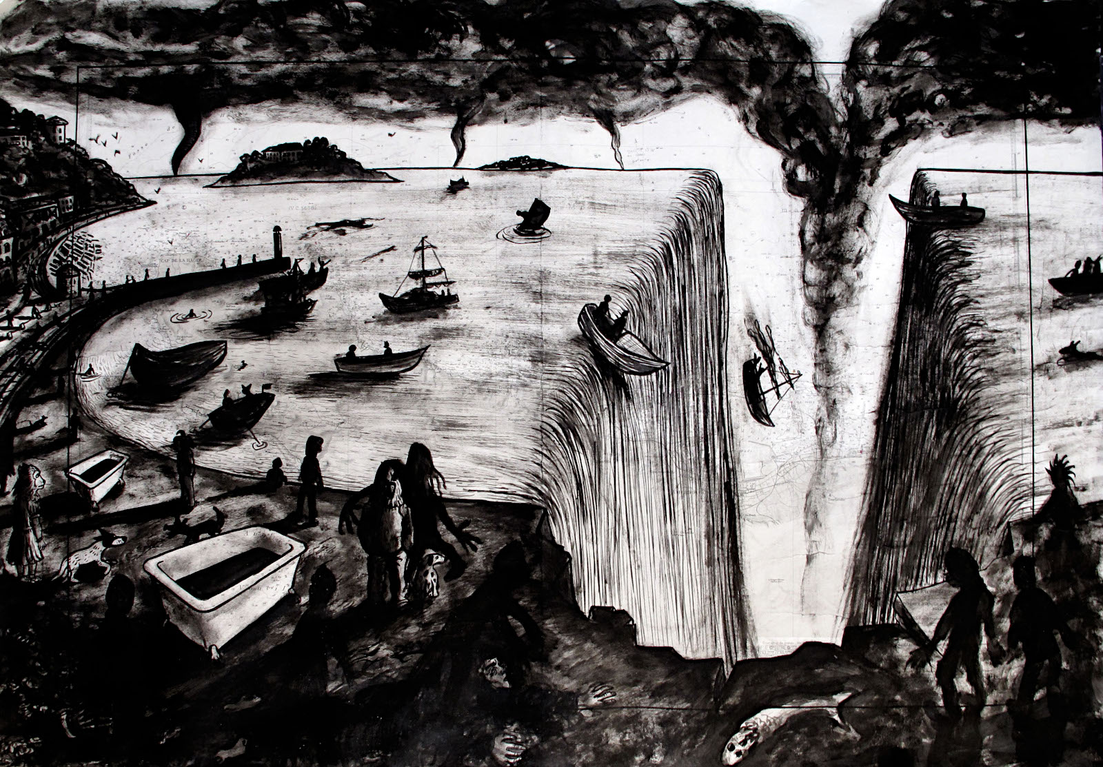 La traversée, encre de Chine sur carte marine