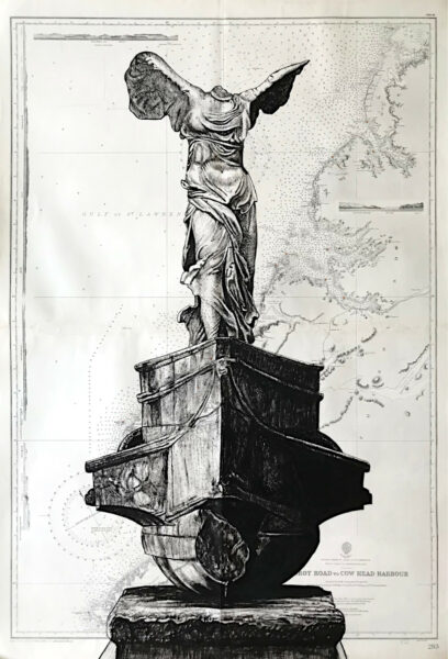 La victoire de Samothrace, encre de chine sur cartes marines