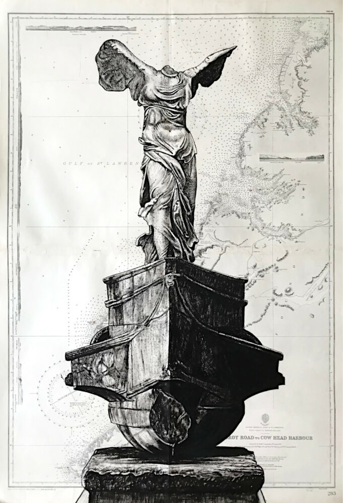 La victoire de Samothrace, encre de chine sur cartes marines