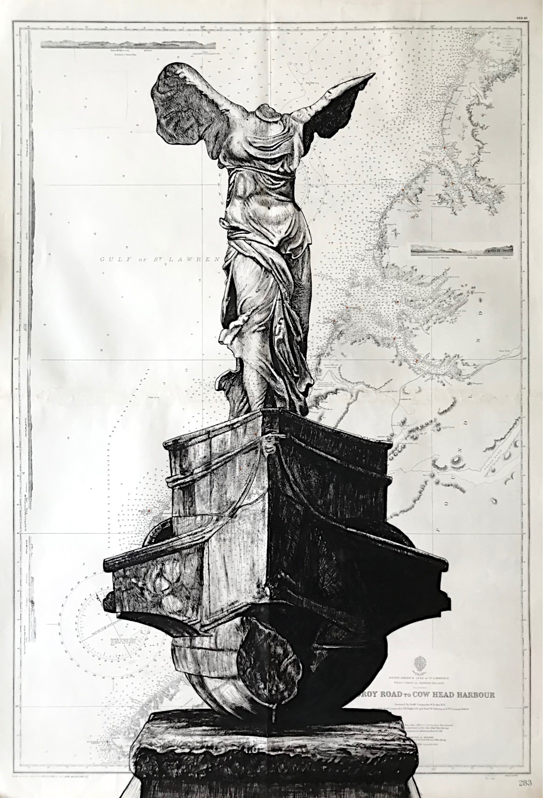 La victoire de Samothrace, encre de chine sur cartes marines