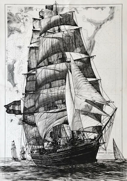 Grand voilier, encre de chine sur cartes marines