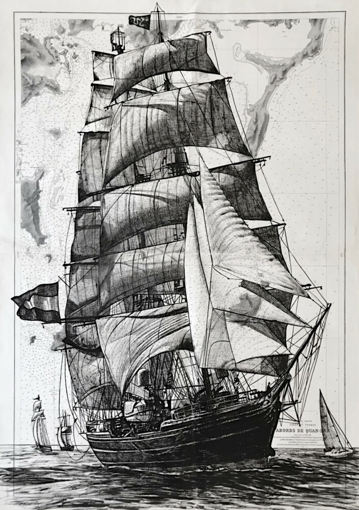 Grand voilier, encre de chine sur cartes marines