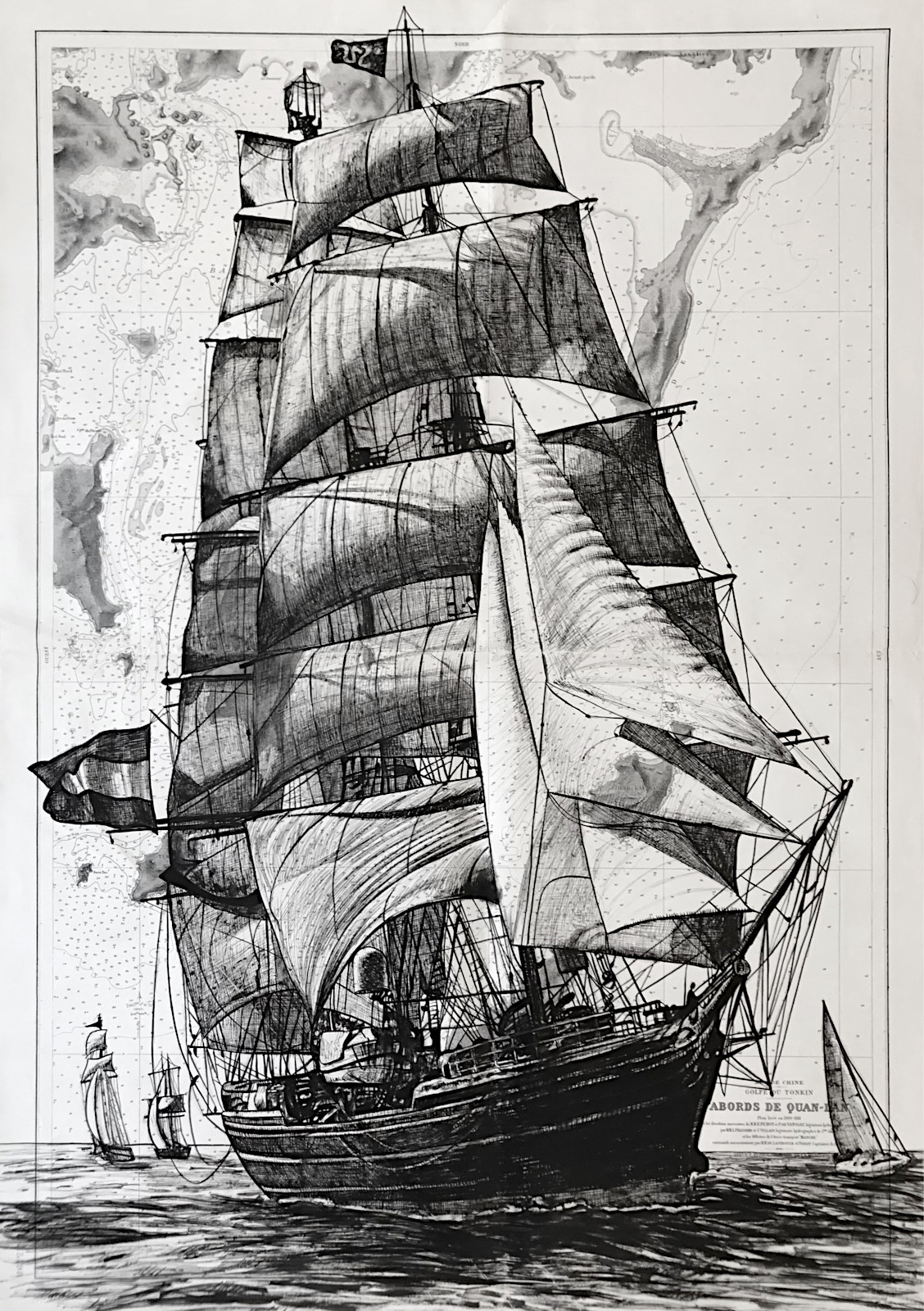 Grand voilier, encre de chine sur cartes marines