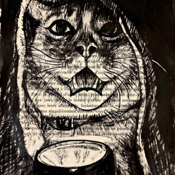Le veilleur, chat dans la nuit, encre de Chine sur page de livre, Franck Saïssi