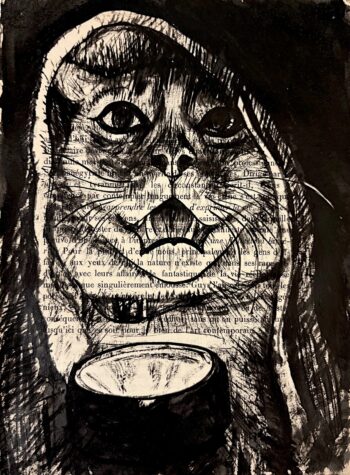 Le veilleur, chat dans la nuit, encre de Chine sur page de livre, Franck Saïssi