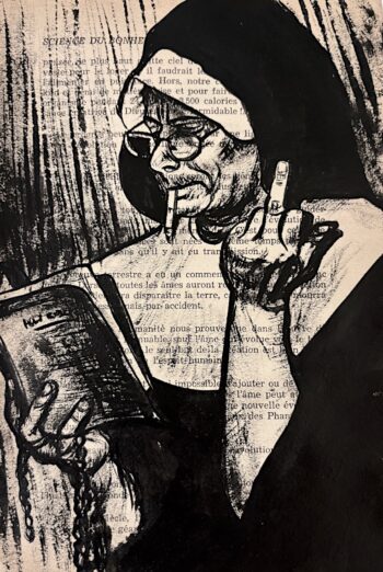 Dévotion, encre de Chine sur page de livre, boutique de Franck Saïssi