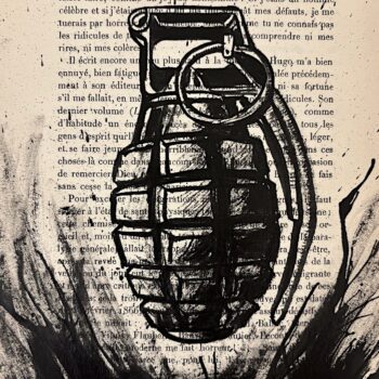 Grenade, encre de Chine sur page de livre, boutique de Franck Saïssi